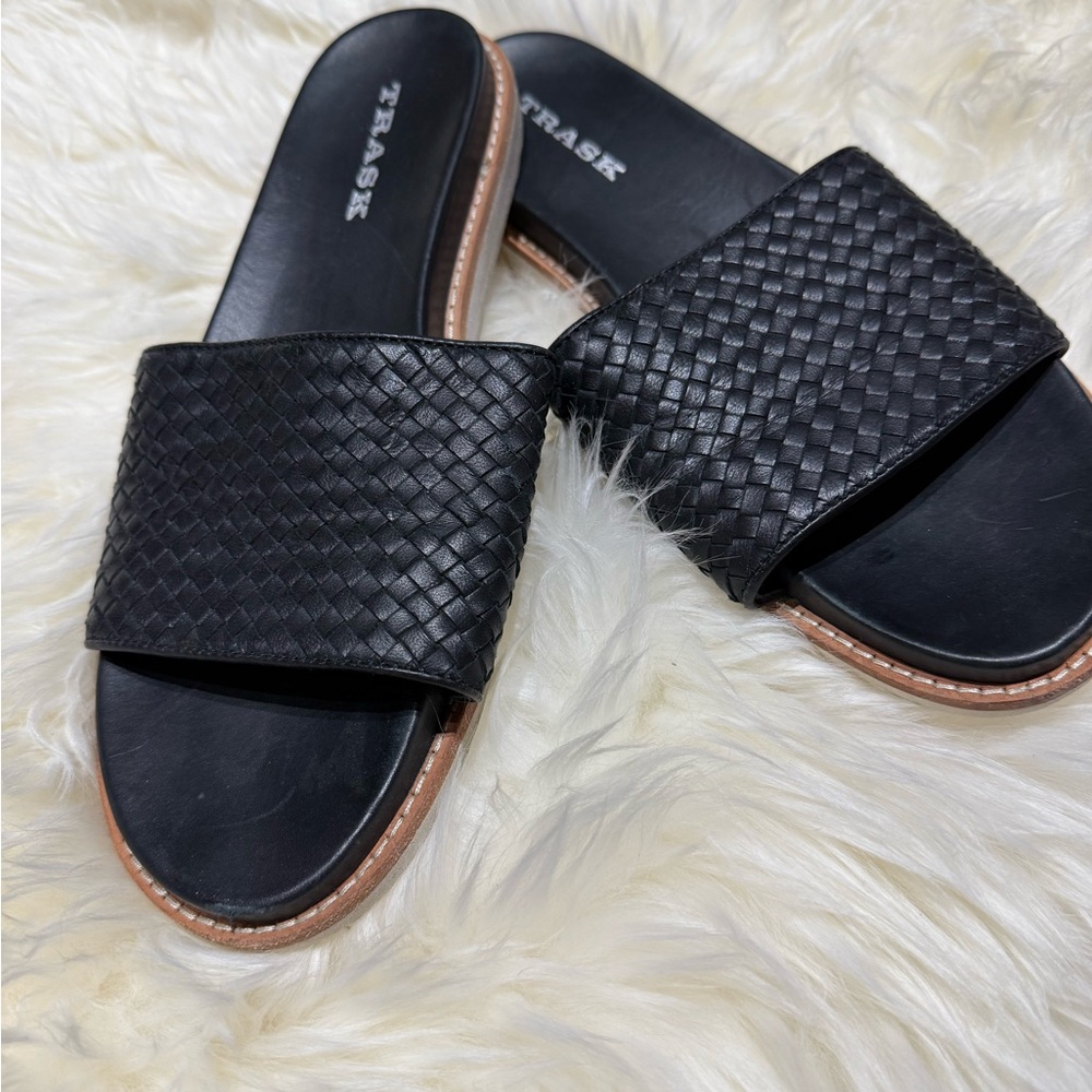 Trask Black Leather Woven Slides